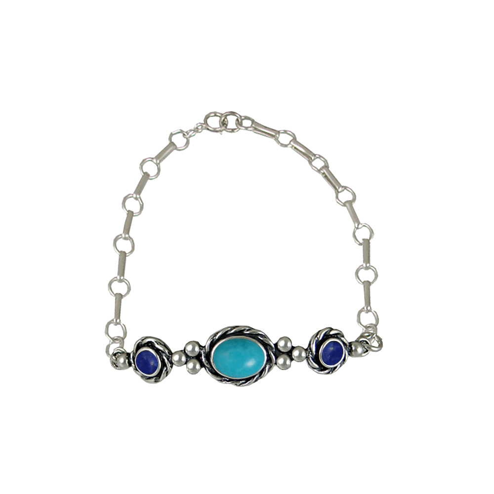 Sterling Silver Gemstone Adjustable Chain Bracelet With Turquoise And Lapis Lazuli